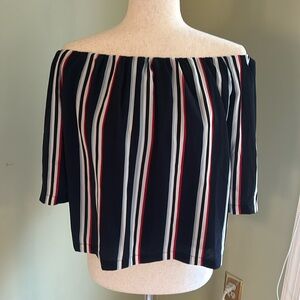 Off the shoulder striped top by wardrobe. Navy, white, red and lt. blue stripes